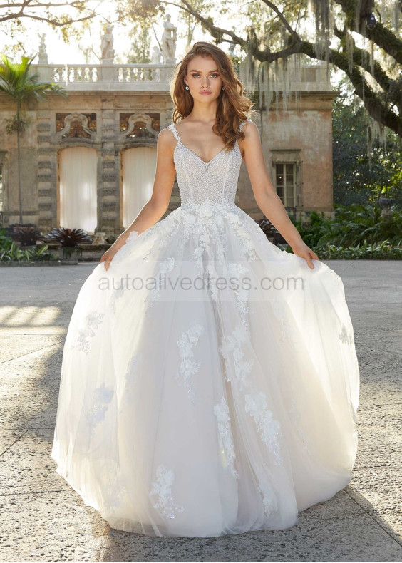 V Neck Beaded Ivory 3D Lace Tulle Modern Wedding Dress